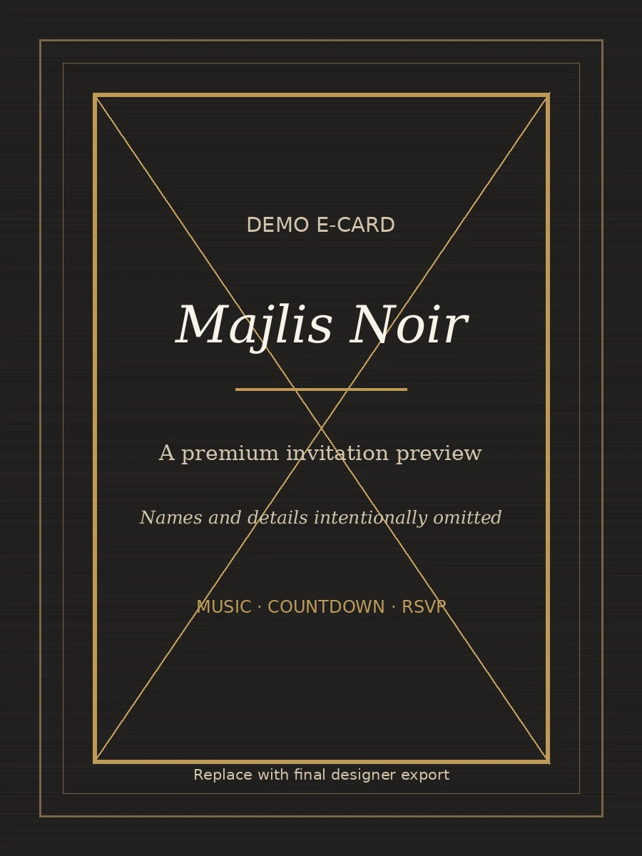 Majlis Noir digital wedding invitation design — editorial · majlis (demo preview; final studio artwork pending)