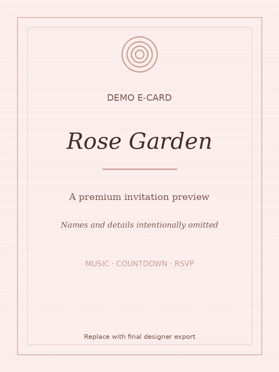 Rose Garden digital wedding invitation design — romantic · botanical (demo preview; final studio artwork pending)